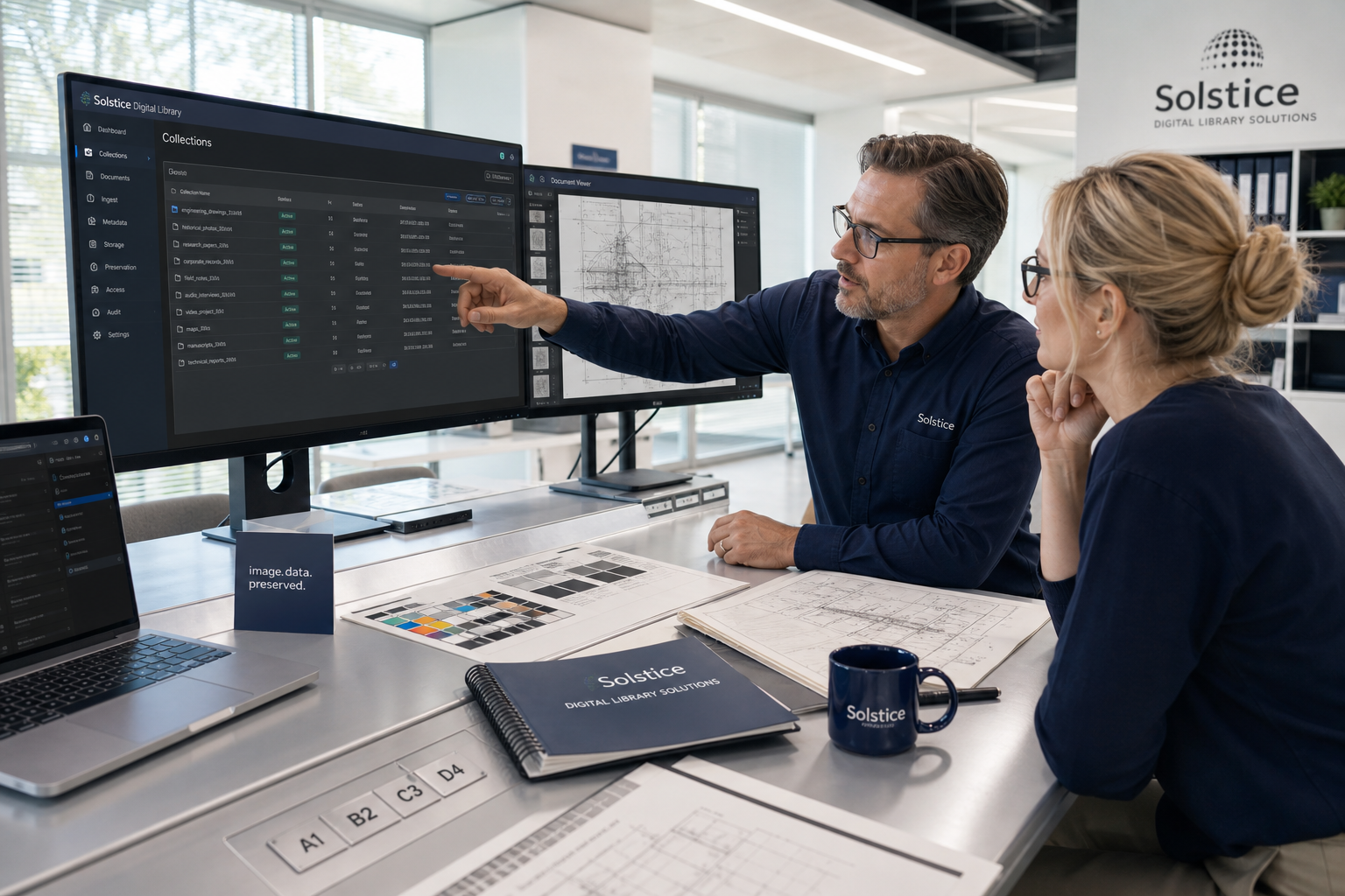 Digital library calibration workspace with archive management software on screens